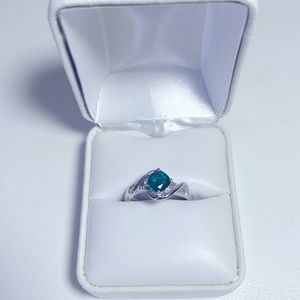 Cushion Cut Emerald Ring. Lab Created Emerald w/ Diamond Accent in .925 Silver